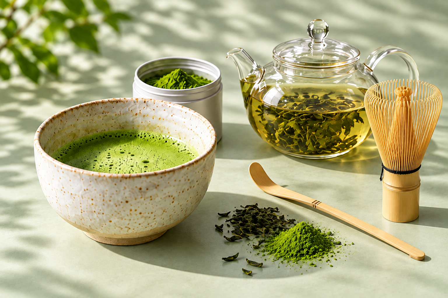 Illustrative matcha bowl, glass teapot, powder tin, and bamboo tools on a pale green table.